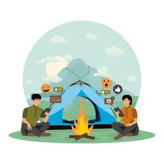 Poster - Communication via the internet. Couple chatting or send text message on their smart phones.