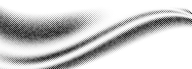 Poster - Black halftone dot wave pattern. Abstract grain fluid texture. Dotted grit curve wallpaper. Undulate swoosh overlay for poster, booklet, banner, brochure, flyer, leaflet. Vector rasterized background