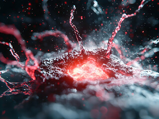 Poster - An abstract macro shot depicts a fiery explosion radiating in a dark space. Could be used as a dramatic background or illustration for science concepts.