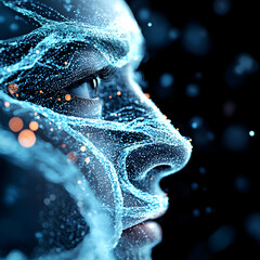 Poster - Digital artwork depicting a human face composed of glowing particles. Suitable for science fiction or tech-related designs or concepts. Evokes futuristic feel.