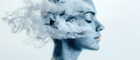 Poster - Surreal artistic portrait. A woman's face merges with smoke creating an ethereal effect. Use as a unique album cover or a poster for a wellness center.