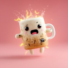 Poster - Cute cartoon coffee mug character with energetic sparkling foam flying against a pink background illustration design concept 3d fun drink happy power cream brown white image style energy joyful kawaii
