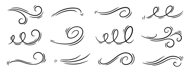 Poster - Wind line air swirl vector icon set. Hand drawn doodle wind motion, air blow, swirl doodle elements. Sketch drawn air blow motion, smoke flow wave, abstract line. Isolated vector illustration