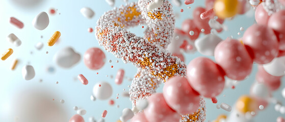Poster - an abstract 3d rendering featuring a spiraling shape and floating particles in various colors sugges
