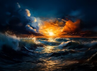Fototapete - A dramatic seascape at sunset.  Turbulent waves crash against a dark ocean as fiery, orange clouds meet a cooler, darker sky. The sun dips below the horizon, casting a golden glow on the water.