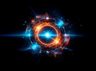 Poster - A vibrant, glowing circular energy field pulsates with bright blue and orange light, surrounded by swirling particles and radiating beams in a dark, cosmic setting.  The core emits a brilliant, intens