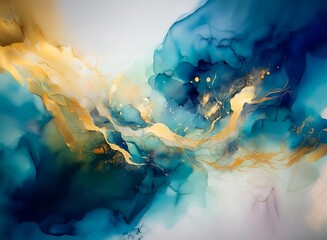 Aufkleber - Abstract art featuring a mesmerizing blend of teal, blue, and gold hues.  Fluid, swirling forms create a dynamic, ethereal composition.  The gold accents add a touch of luxury and shimmer.