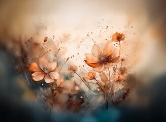 Poster - A dreamy watercolor painting of delicate, peach-colored flowers blooming in a soft, hazy light.  The background blends teal and beige tones, creating a serene atmosphere.