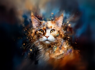 Poster - A captivating portrait of a longhaired cat, rendered in vibrant, impressionistic brushstrokes.  Golden hues dominate, with splashes of blue and dark tones creating a dramatic backdrop. The cat's gaze 