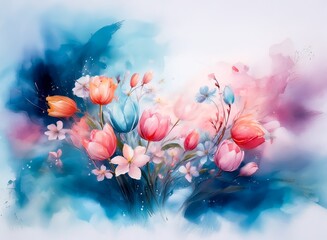 Fototapete - A vibrant watercolor painting of tulips and other spring flowers in soft pinks, oranges, and blues, set against a dreamy, abstract background.