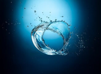 Poster - A mesmerizing circular water splash, frozen mid-air against a deep blue backdrop.  The droplets radiate outward, showcasing the fluid's dynamic energy and elegance.
