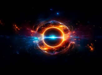 Fototapete - A vibrant cosmic event unfolds, a swirling nebula of orange and blue energy surrounding a dark, glowing core.  Intense light emanates from its center, creating a mesmerizing spectacle.