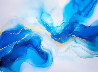 Poster - Abstract fluid art painting.  Swirling blues and golds create a mesmerizing, ethereal effect.  Subtle color gradients add depth.