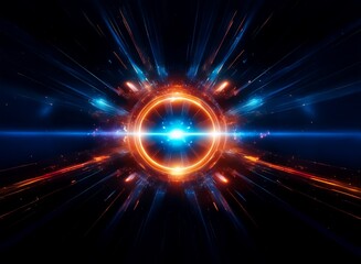 Fototapete - A vibrant, glowing ring, encircled by streaks of blue and orange light, radiates energy in a dark, cosmic expanse.  The central light source is intensely bright, creating a sense of dynamism and power
