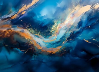 Aufkleber - Abstract painting of swirling blues, golds, and whites.  Evokes a sense of depth and ethereal beauty, resembling a celestial landscape or deep ocean.
