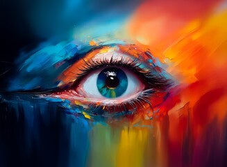Poster - A vibrant, abstract painting of an eye, awash in contrasting blue and orange hues, with paint dripping downwards.  The style evokes a sense of emotion and intense feeling.
