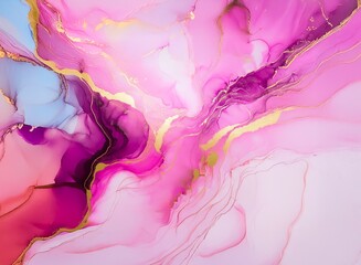 Poster - Abstract art featuring vibrant pink, purple, and blue hues blended with gold accents.  The fluid, marbled effect creates a dreamy, ethereal aesthetic.