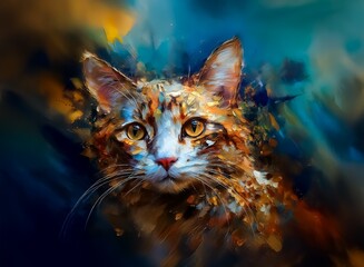 Aufkleber - A captivating portrait of a tabby cat, rendered in vibrant, impressionistic brushstrokes.  The feline's amber eyes and curious gaze are striking against a richly textured, abstract background.