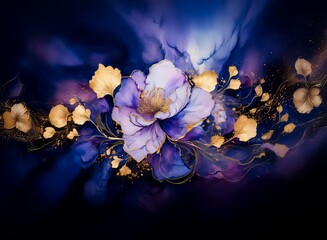 Aufkleber - Elegant purple and gold floral artwork.  Intricate details in a dark blue background using alcohol ink technique.  Luxurious and dreamy aesthetic.