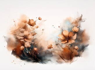 Leinwandbilder - A watercolor painting of delicate brown flowers, scattered amidst soft, abstract watercolor washes of brown and gray. The flowers appear to be cosmos.