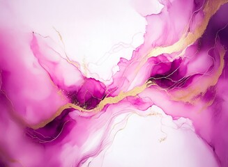 Poster - Fluid acrylic pouring art.  Swirling pink and purple hues blend seamlessly, accented by elegant gold lines.  Abstract, dreamy, and visually captivating.
