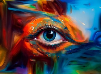 Poster - A vibrant, abstract painting of a single eye, awash in swirling colors of orange, blue, and teal.  The style is expressive and dynamic, showcasing the beauty of the human eye through a modern artistic