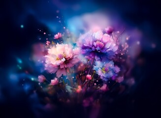Aufkleber - Ethereal, dreamlike painting of pink and purple flowers blooming in a dark, mystical setting.  Glowing particles add a magical touch.