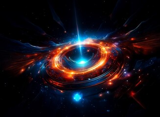 Poster - A vibrant cosmic ring, ablaze with fiery orange and cool blue energy, pulses in the inky blackness of space.  Intricate details and swirling nebulae surround the central light source.