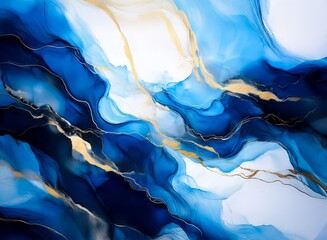 Aufkleber - Abstract artwork featuring flowing blue and white hues accented with gold.  The fluid, organic shapes create a mesmerizing, luxurious effect.