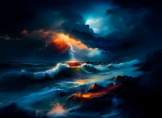 Fototapete - Fiery sunset, stormy ocean, and dramatic lightning illuminate a rocky coast.  Waves crash against the shore under an electric sky.