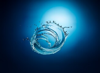 Poster - A mesmerizing swirl of clear water, frozen in a dynamic, circular motion against a deep blue backdrop.  The light illuminates the translucent droplets, creating a captivating scene.