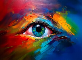 Aufkleber - A vibrant, impressionistic painting of a human eye, swathed in colorful, expressive brushstrokes. The eye's captivating gaze is accentuated by the surrounding vivid hues.