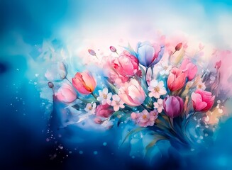 Aufkleber - A vibrant watercolor painting of a bouquet of tulips and other spring blossoms, set against a dreamy blue and pink background.  The colors are soft and the style is impressionistic.
