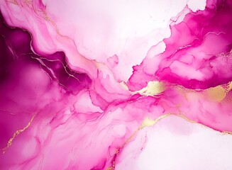 Poster - Fluid acrylic pouring art.  Pink and magenta hues blend with gold accents, creating an abstract, dreamy effect. Swirling patterns evoke a sense of movement and ethereal beauty.