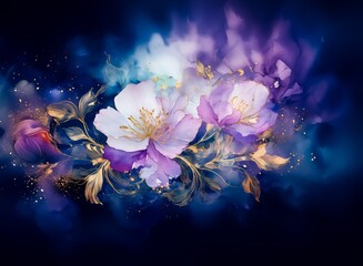 Aufkleber - Ethereal watercolor painting of purple and white flowers with gold accents, set against a dark blue, nebula-like background.  Glittering particles add to the magical atmosphere.