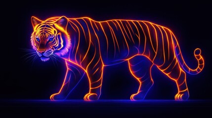 Poster - Neon tiger illustration glowing in the dark art direction contemporary style, dynamic animal predator isolated digital art with vibrant colors modern aesthetic