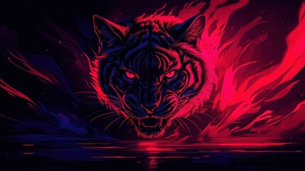 Poster - Energetic tiger head outlined in fiery red sparks against a dark backdrop digital artwork wild animal portrait graphic illustration