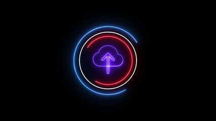 Poster - Neon Cloud Upload Icon Animation With Circular Glowing Effect On Black Background