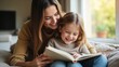 © saranya - A heartwarming scene captures a fair-skinned mother with long brown hair and a young daughter with blonde curls engrossed in a book on a plush cream carpet in a sunlit living room.