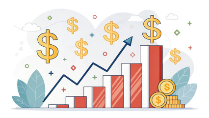 Poster - Colorful illustration of financial growth concept, featuring bar chart with increasing red and white bars, blue upward arrow, and dollar symbols floating around. background includes abstract