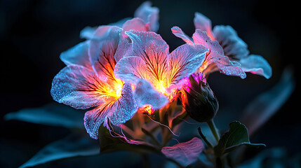 Poster - Glowing flowers radiate with vibrant colors. Capture this otherworldly beauty for art or create stunning backgrounds. Enhance your visuals using this image's dreamlike qualities.