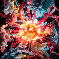 Poster - an abstract art piece showing a macro view of cells and cellular structures with glowing central foc