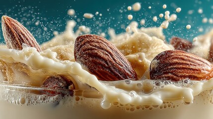 Poster - Close-up of almonds splashing into creamy almond milk, delicious and fresh.
