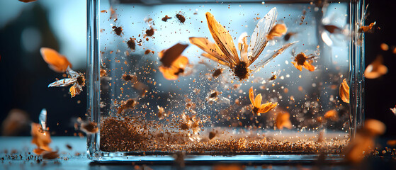 Poster - an artistic capture of delicate butterflies entombed in a glass box evoking themes of fragility tran