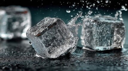Poster - Close-up of glistening ice cubes with water droplets on a dark surface