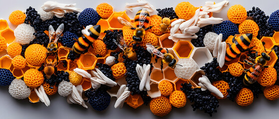 Poster - A vibrant composition of honeycombs bees and natural elements. Ideal for artistic projects or illustrating ecological themes. Its an eye catching design