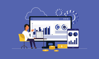 Poster - Statistical and Data analysis for business finance investment concept with businesspeople team working on monitor