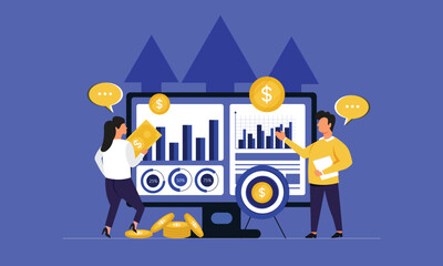 Poster - Businesspeople working for data analytics and monitoring on web report dashboard monitor and business finance investment design concept
