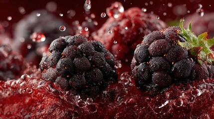 Poster - Close-up of ripe blackberries in water with droplets for fresh food concept