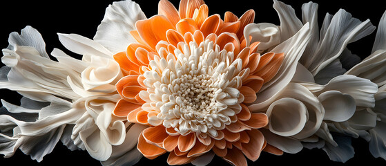 Poster - A stunning floral arrangement featuring a vibrant orange and white flower against a black background. Perfect for artistic prints or elegant decor.